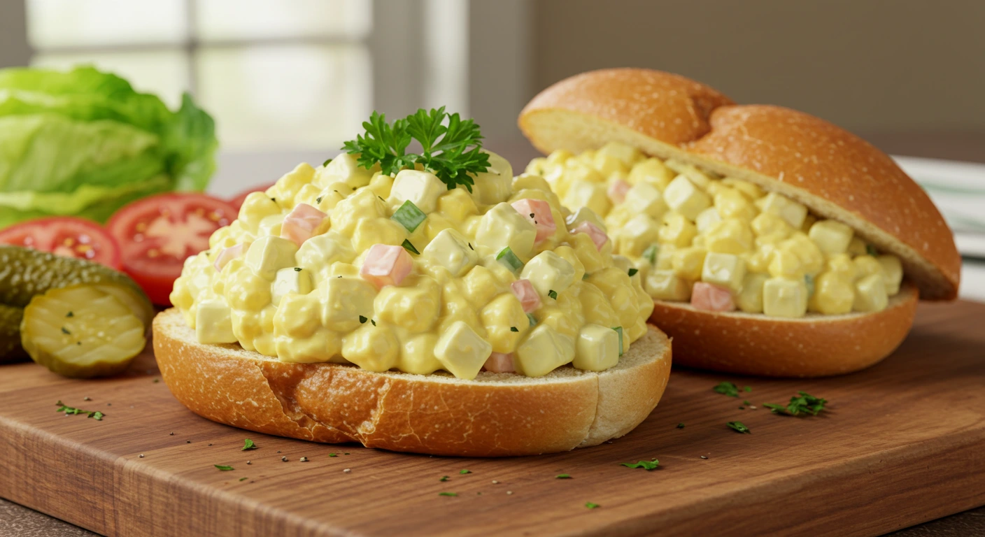 Creamy Masters Egg Salad Recipe on white bread, served with chips and pickle.