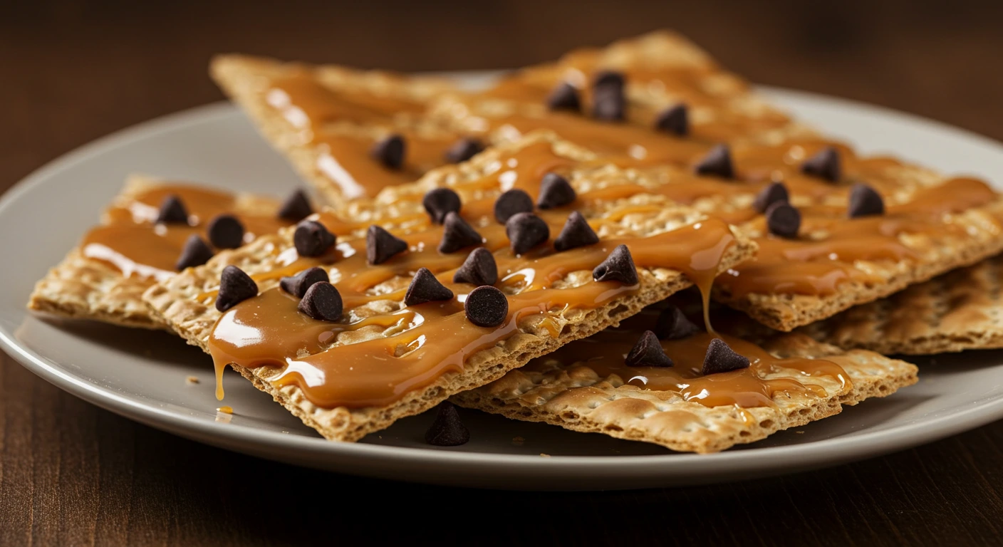 Close-up of a homemade matzo crack recipe topped with melted chocolate and crunchy caramel