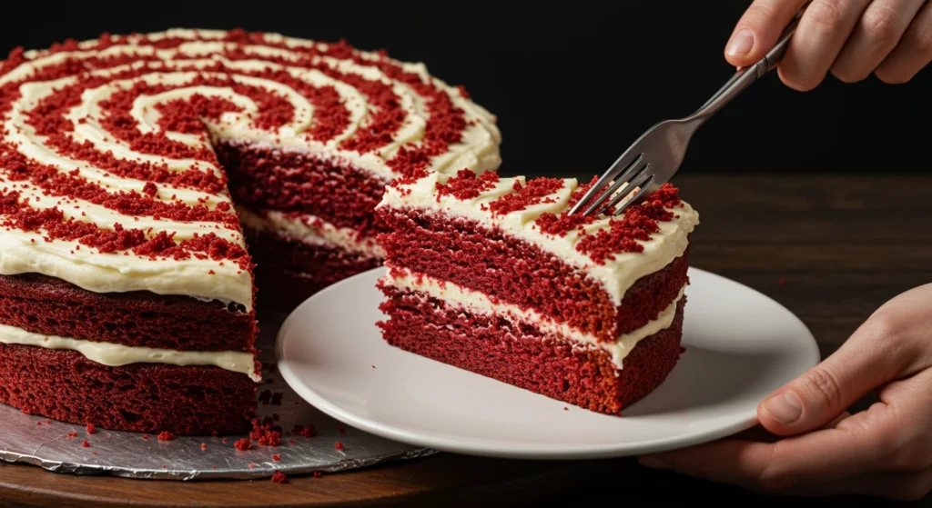 A slice of moist red velvet cake topped with cream cheese frosting on a white plate