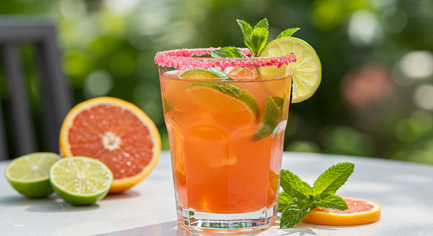A refreshing fruity margarita recipe served in a salt-rimmed glass with fresh fruit garnishes.