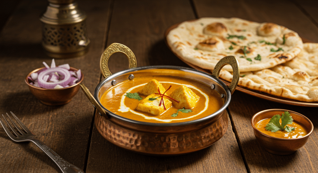 Traditional Indian Shahi Paneer recipe served with naan and rice in a festive setting