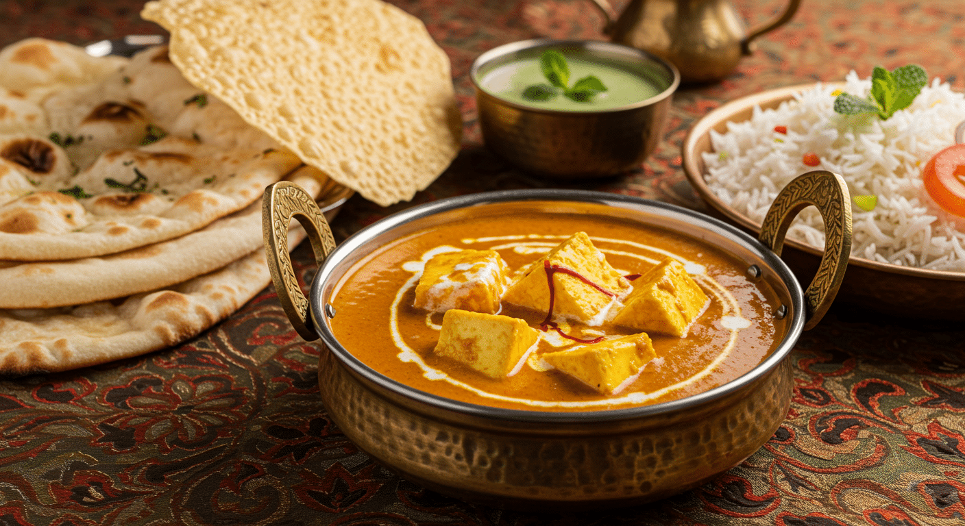 Traditional Indian Shahi Paneer recipe served with naan and rice in a festive setting
