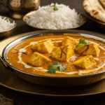 Shahi Paneer dish recipe featuring creamy paneer cubes in rich orange gravy, garnished with cream, saffron threads, cilantro, and almonds, served with naan and basmati rice.