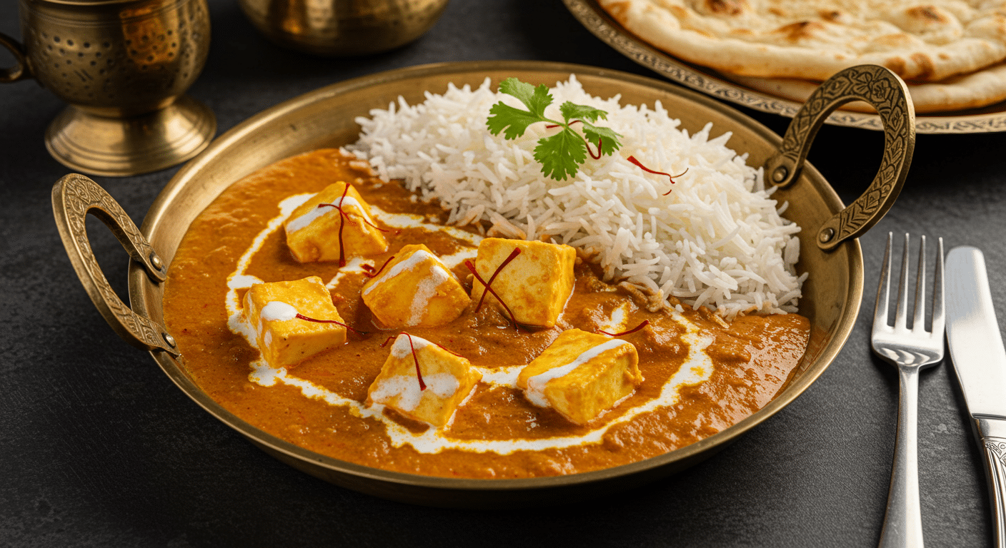 Shahi Paneer Dish Recipe with creamy gravy, paneer cubes, saffron, and cashews served with naan and rice.