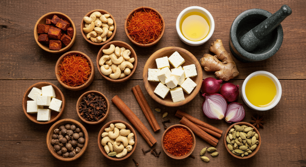 Shahi Paneer Dish Recipe with creamy gravy, paneer cubes, saffron, and cashews served with naan and rice.