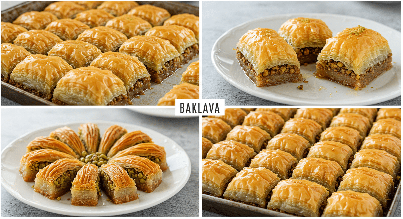 A variety of traditional Turkish food desserts including baklava, künefe, lokum, sütlaç, and more served on a rustic wooden table.
