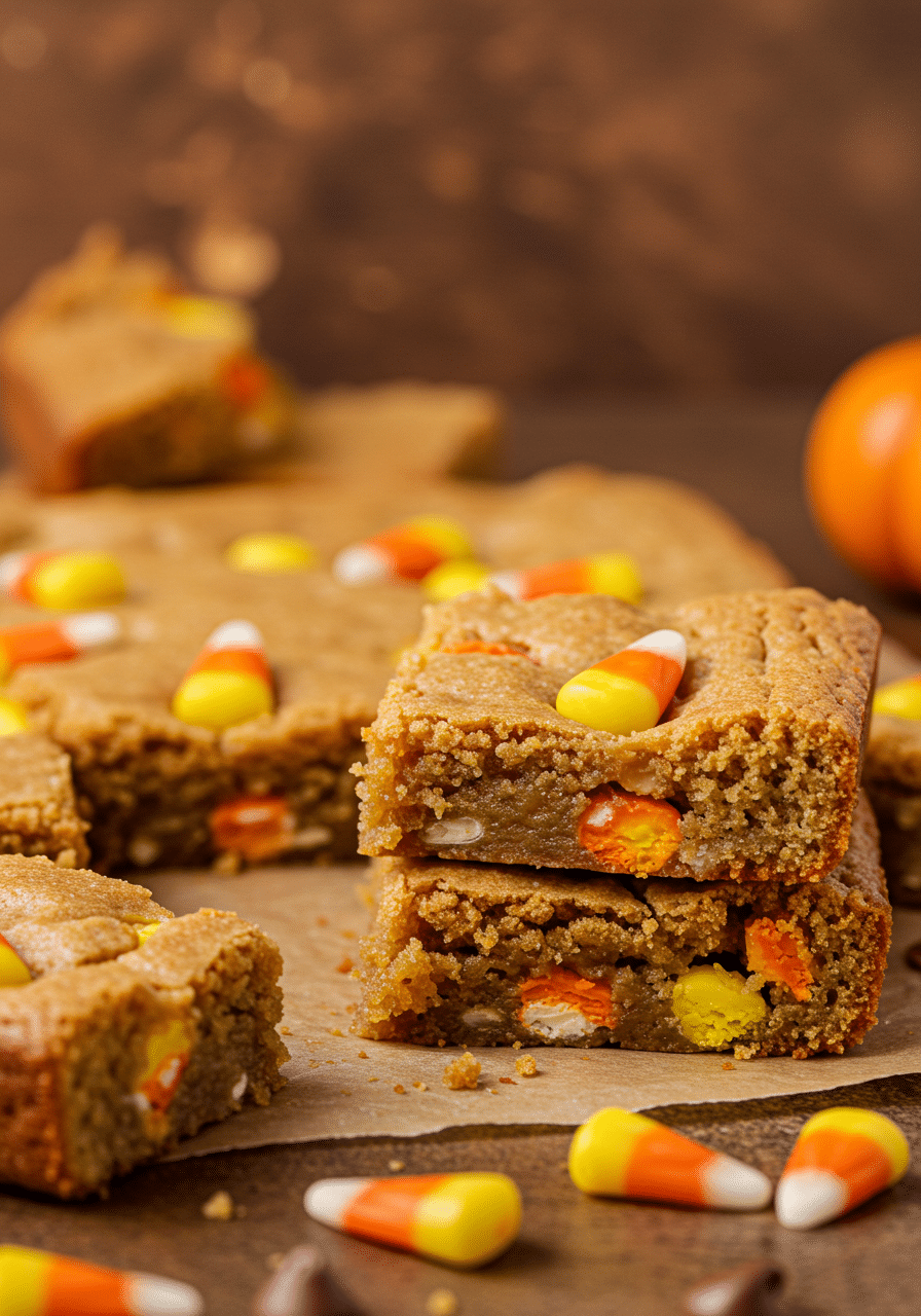 Close-up of candy corn blondies with gooey melted candy corn pieces.