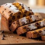 Moist Pumpkin bread with chocolate chips sliced with melting chocolate chips and cinnamon dust best pumpkin bread recipe.