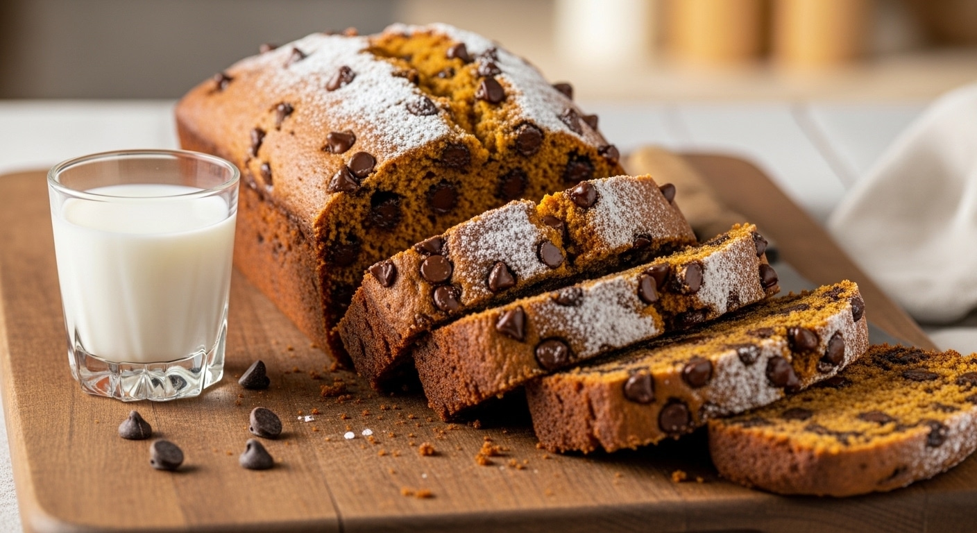 Moist Pumpkin bread with chocolate chips sliced with melting chocolate chips and cinnamon dust best pumpkin bread recipe.
