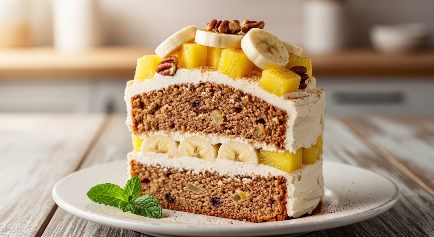Moist Hummingbird Cake slice with pineapple, bananas and cream-cheese frosting.