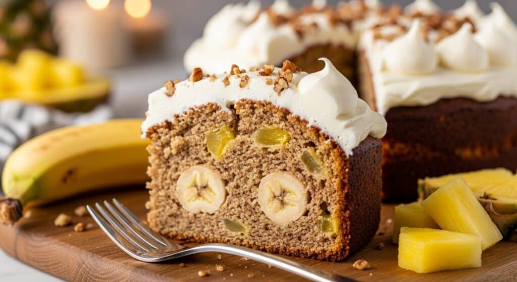 Moist Hummingbird Cake slice with pineapple, bananas and cream-cheese frosting.