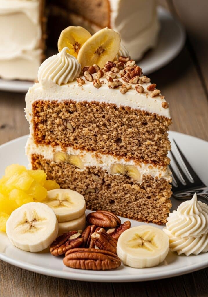 Moist Hummingbird Cake slice with pineapple, bananas and cream-cheese frosting.