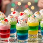 Lime margarita Jell-O® shots recipe in small clear cups, topped with lime wedges and salt rims, chilled on a party tray.