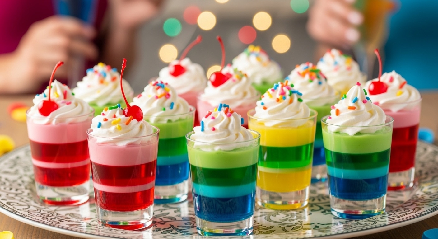 Lime margarita Jell-O® shots recipe in small clear cups, topped with lime wedges and salt rims, chilled on a party tray.