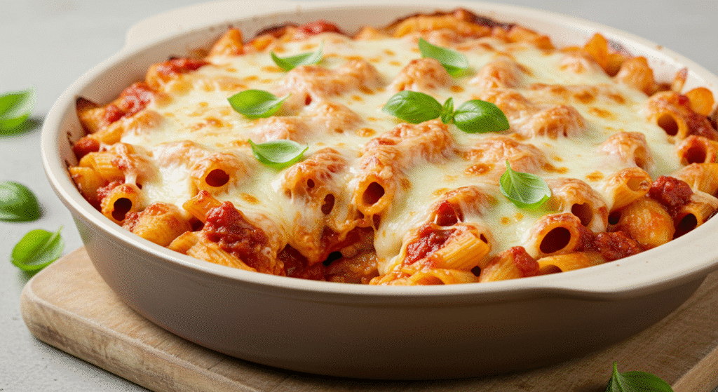 Cheesy baked pasta casserole with marinara, mozzarella, and herbs in a white dish