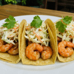 Shrimp tacos with purple cabbage slaw, lime wedges, and tortillas on a white plate