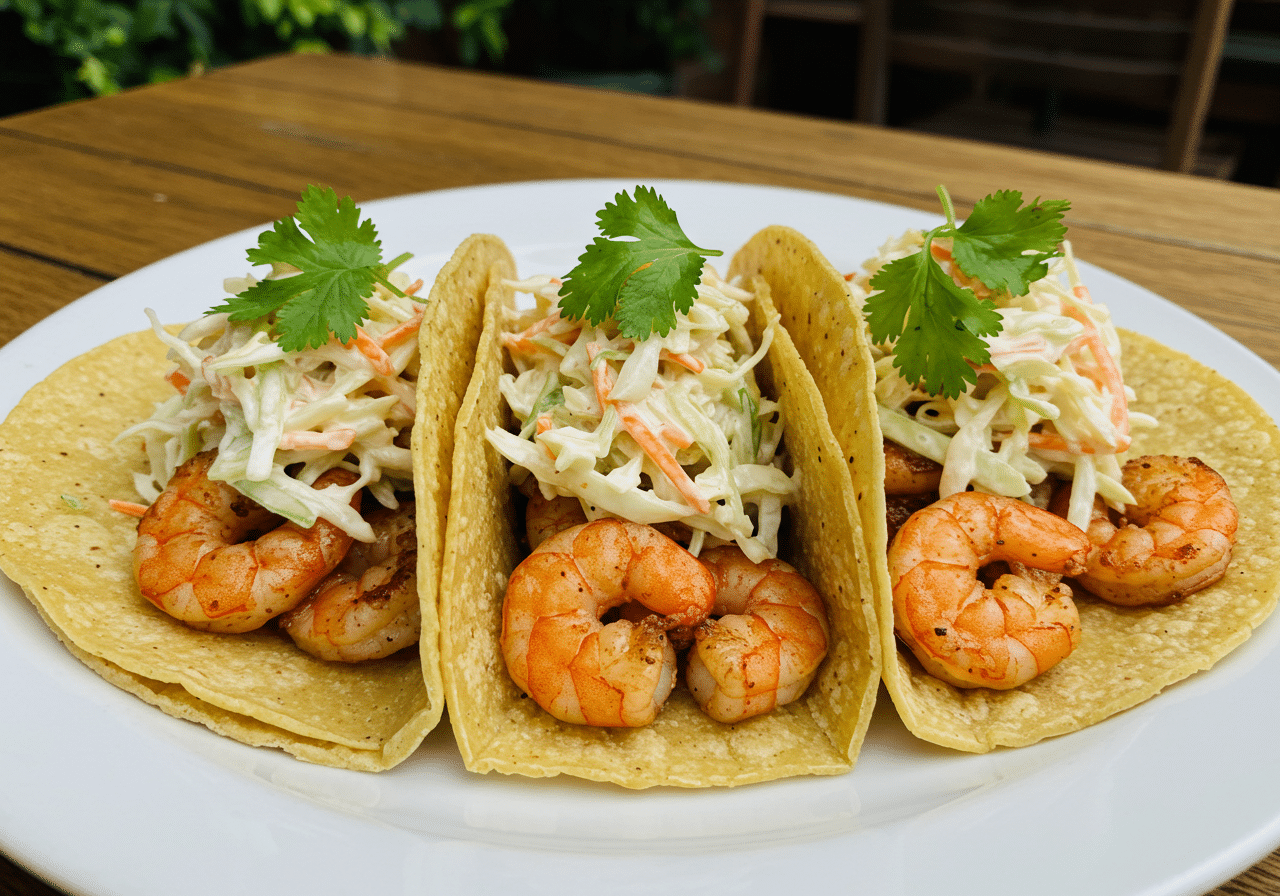 Shrimp tacos with purple cabbage slaw, lime wedges, and tortillas on a white plate