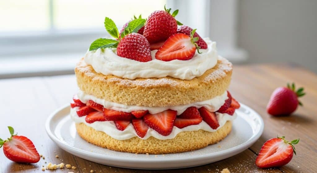 Strawberry shortcake with fresh strawberries and whipped cream