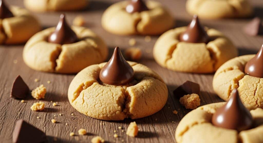 Peanut Butter Blossom Cookies with chocolate kisses on a rustic plate