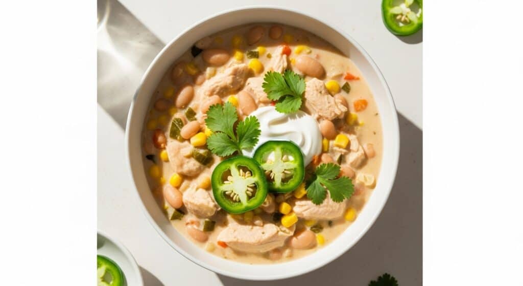 Bowl of creamy white chicken chili topped with cheese, avocado, and cilantro.
