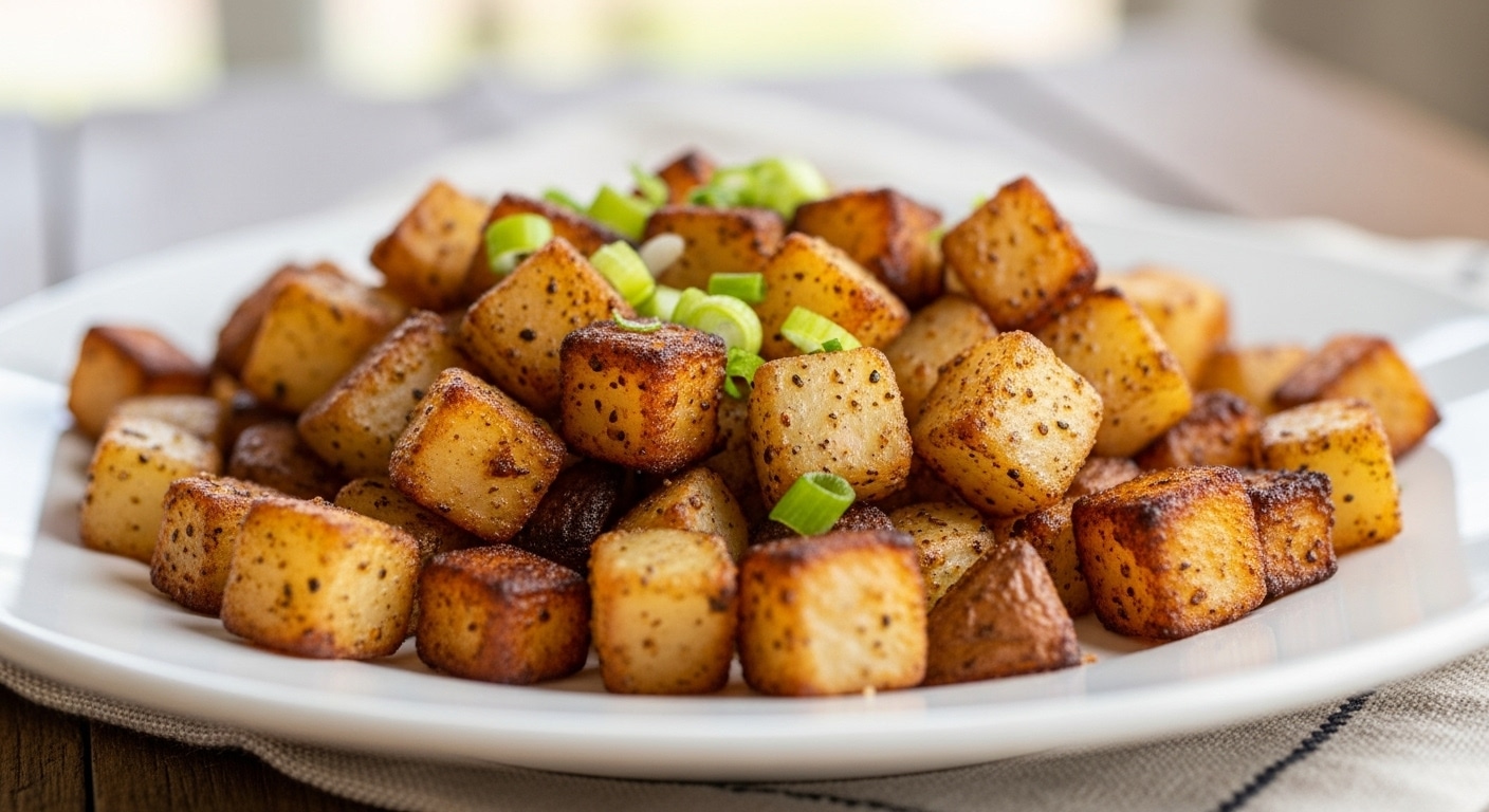 Crispy air fryer breakfast potatoes with golden edges served in a bowl.