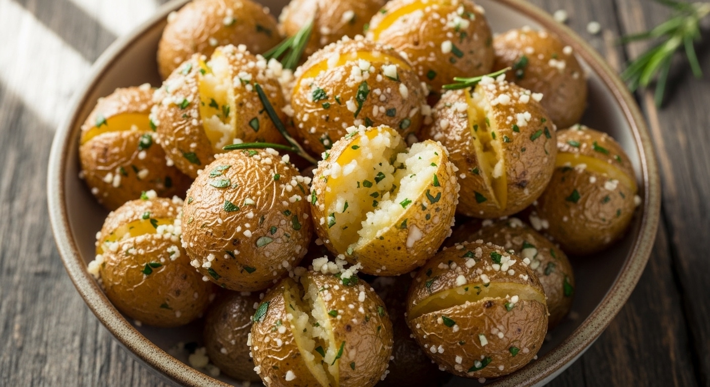 Crispy air fryer garlic Parmesan potatoes in a bowl