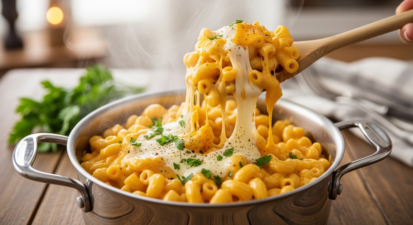 One Pot Mac And Cheese Recipe with creamy stovetop sauce and tender macaroni in a skillet.