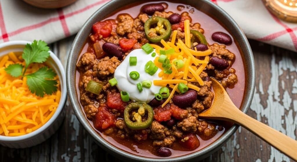 A bowl of hearty homemade chili filled with ground beef, beans, tomatoes, and bell peppers, topped with melted cheddar cheese, green onions, and tortilla chips — the ultimate comforting chili recipe for cozy nights.