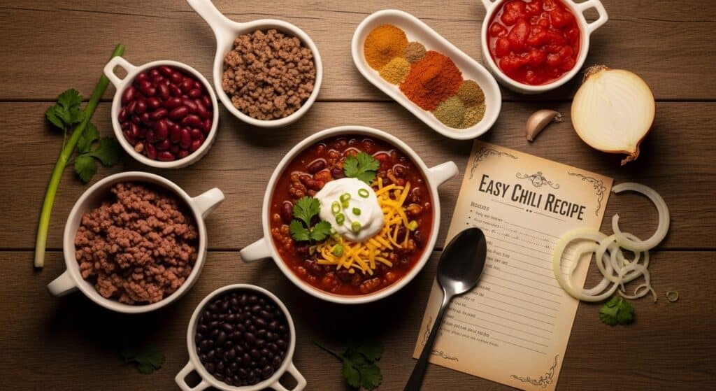 A bowl of hearty homemade chili filled with ground beef, beans, tomatoes, and bell peppers, topped with melted cheddar cheese, green onions, and tortilla chips — the ultimate comforting chili recipe for cozy nights