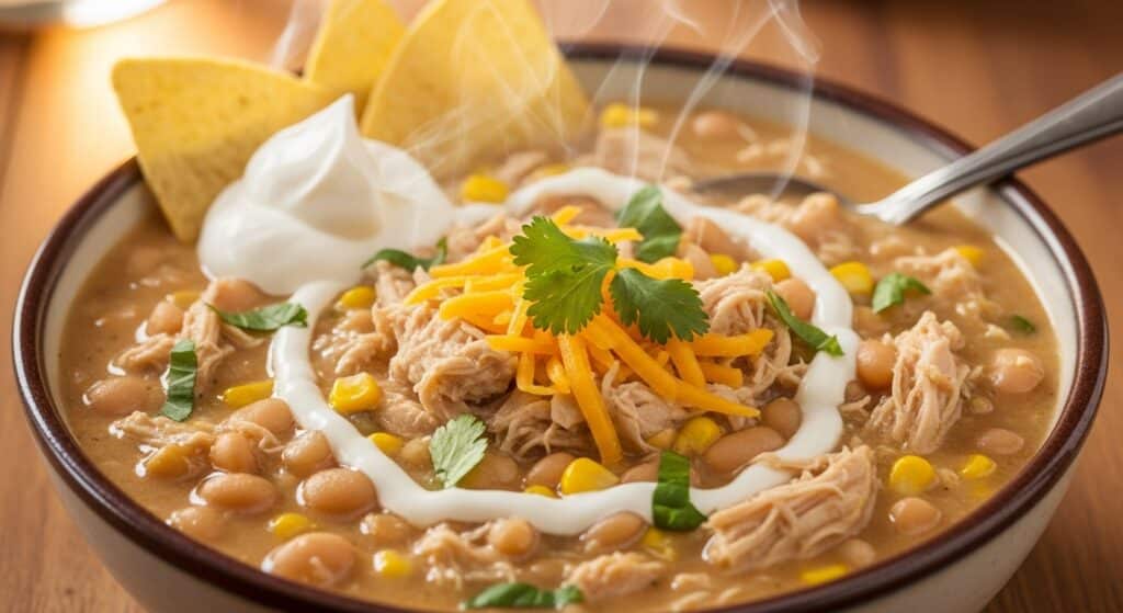 Bowl of creamy white chicken chili with cream cheese, topped with cilantro and tortilla strips