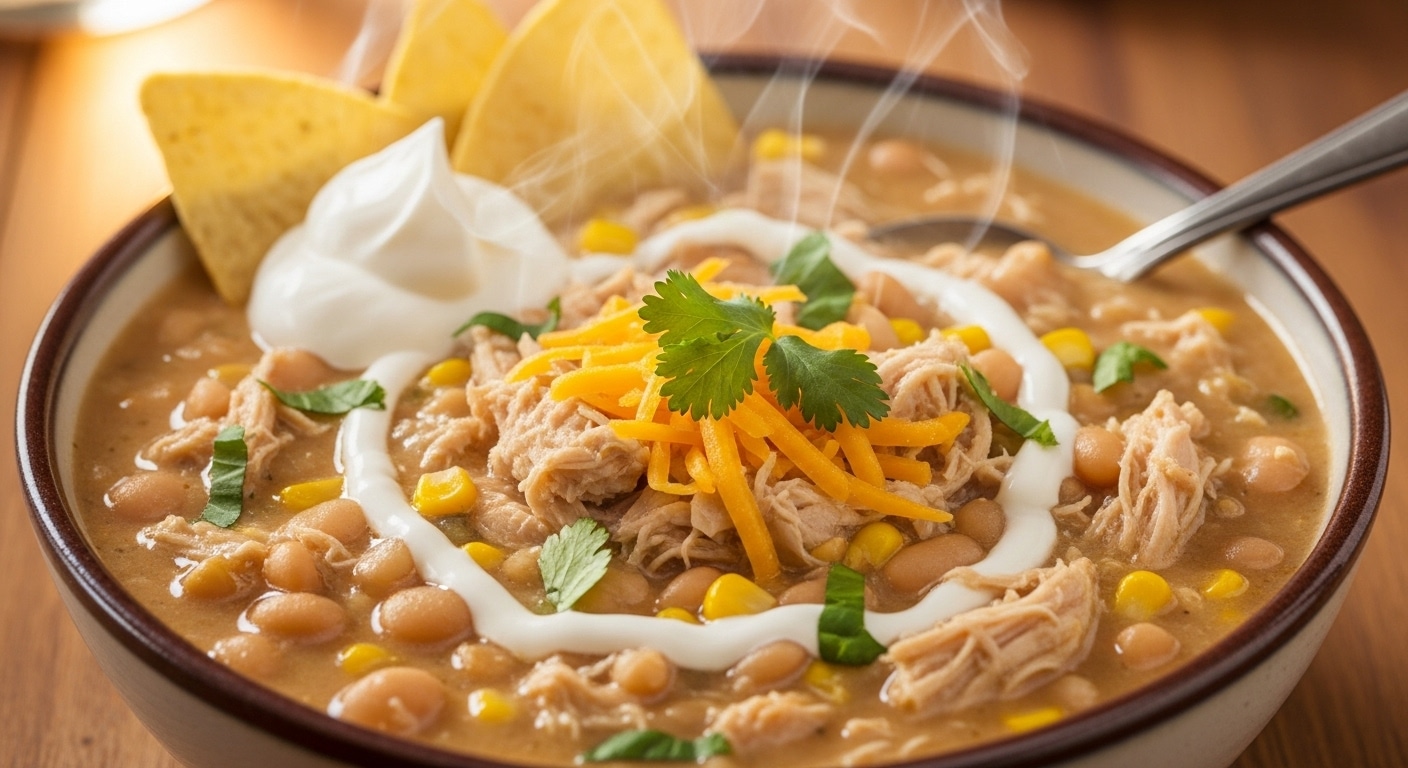 Bowl of creamy white chicken chili with cream cheese, topped with cilantro and tortilla strips