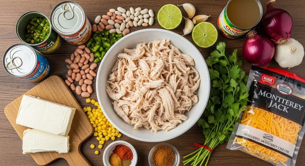Bowl of creamy white chicken chili with cream cheese, topped with cilantro and tortilla strips.