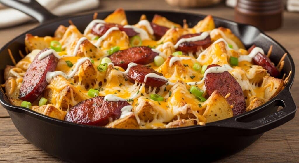 Cheesy ranch potatoes with smoked sausage in skillet — creamy, golden one-pan dinner