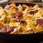 Cheesy ranch potatoes with smoked sausage in skillet — creamy, golden one-pan dinner