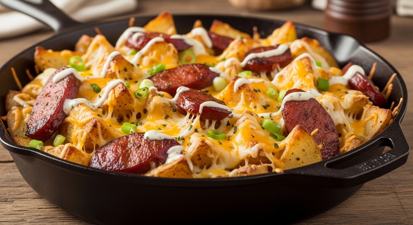 Cheesy ranch potatoes with smoked sausage in skillet — creamy, golden one-pan dinner