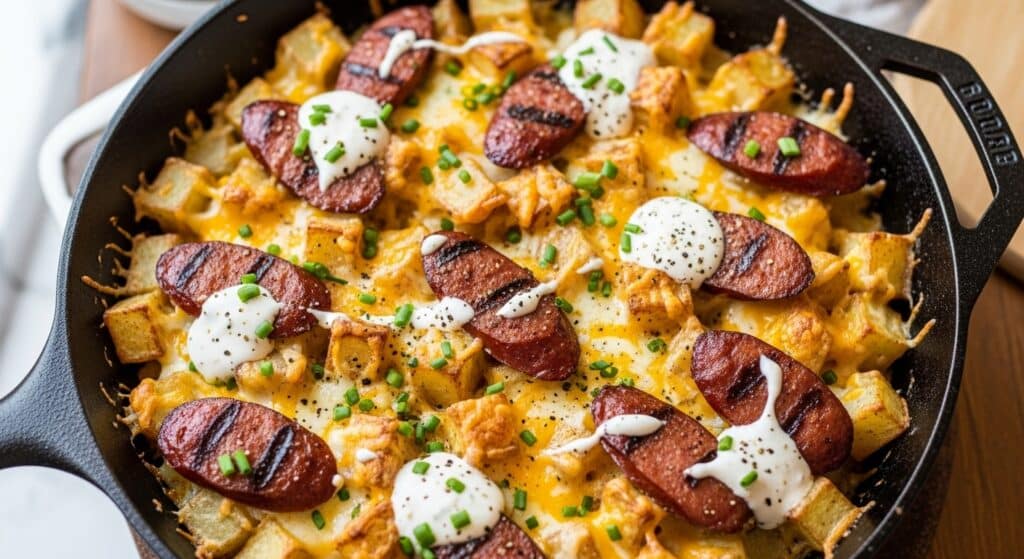 Cheesy ranch potatoes with smoked sausage in skillet — creamy, golden one-pan dinner