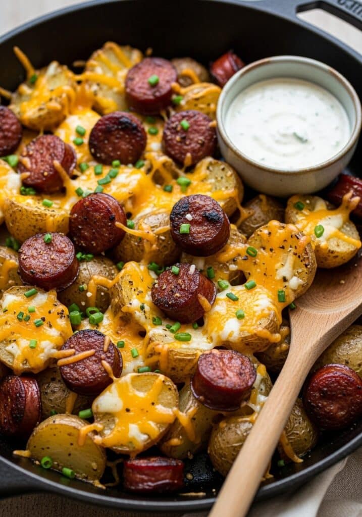 Cheesy Ranch Potatoes with Smoked Sausage baked to golden perfection — creamy ranch flavor, smoky sausage, and melted cheddar in every bite.