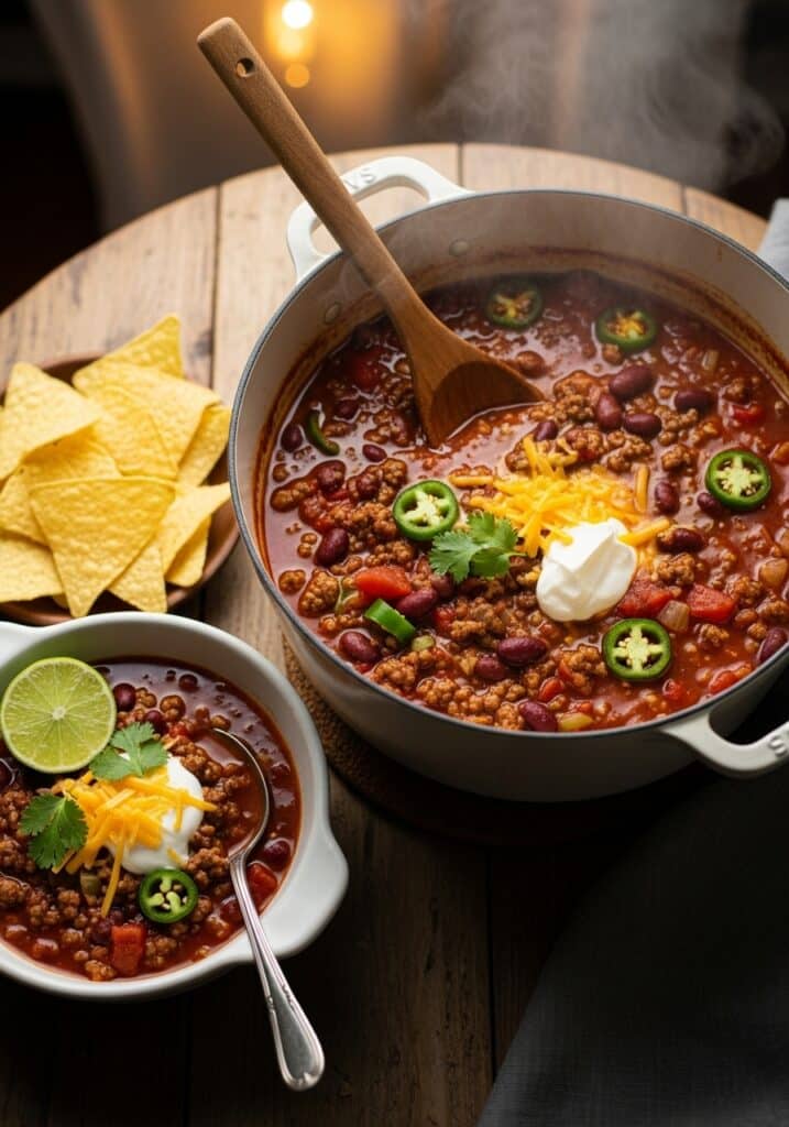 Close-up of Easy Stovetop Ground Beef Chili with beans and melted cheese in a bowl — best homemade chili recipe for family dinner
