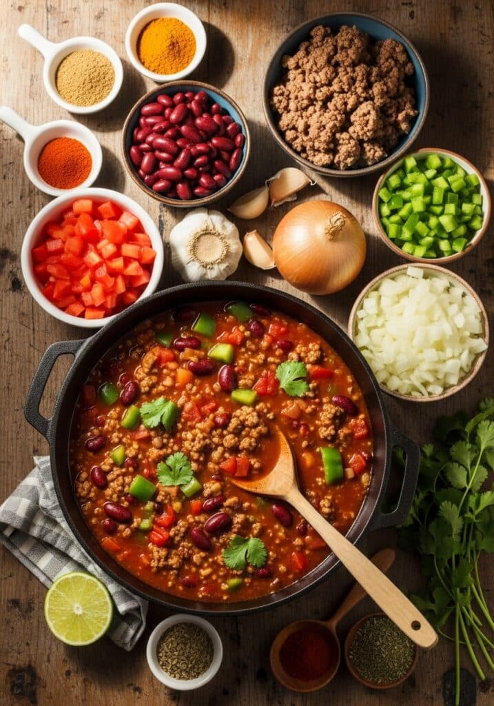 Bowl of Ground Beef Stovetop Chili Recipe with beans and tomatoes