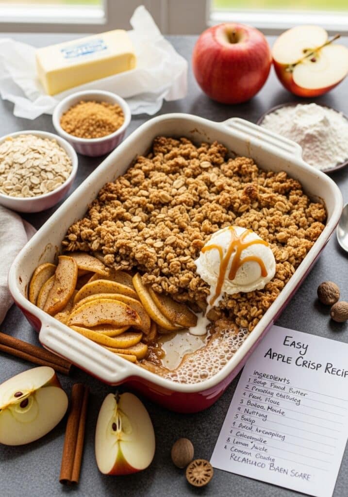 Homemade Easy Apple Crisp Recipe with Oats topped with golden oatmeal crumb and baked apples.