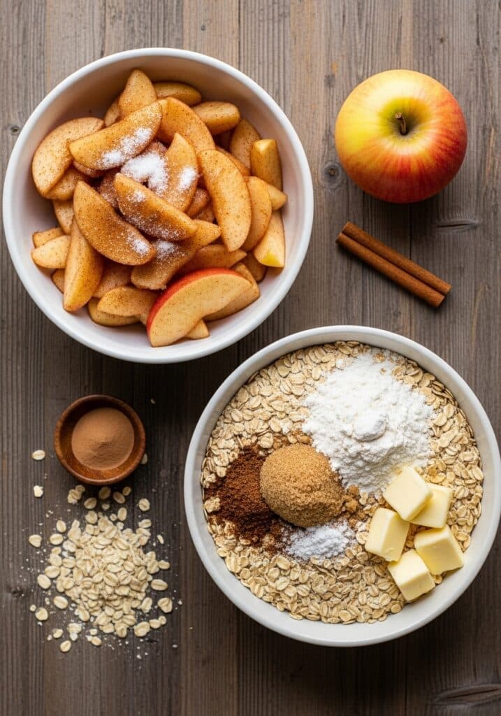 Homemade Easy Apple Crisp Recipe with Oats topped with golden oatmeal crumb and baked apples.