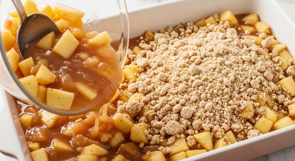Warm apple crisp with oats and a golden crumb topping, served with vanilla ice cream.