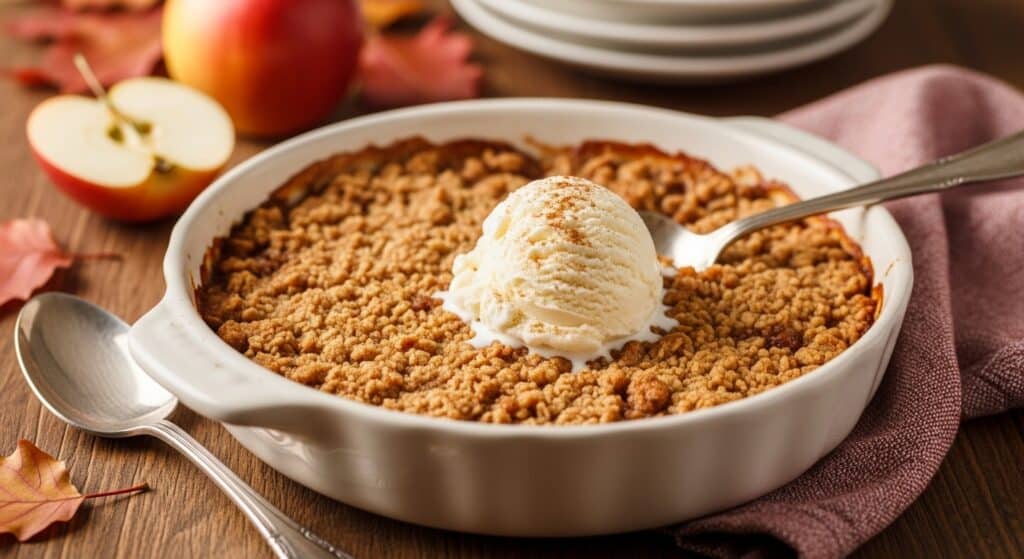 Warm apple crisp with oats and a golden crumb topping, served with vanilla ice cream.
