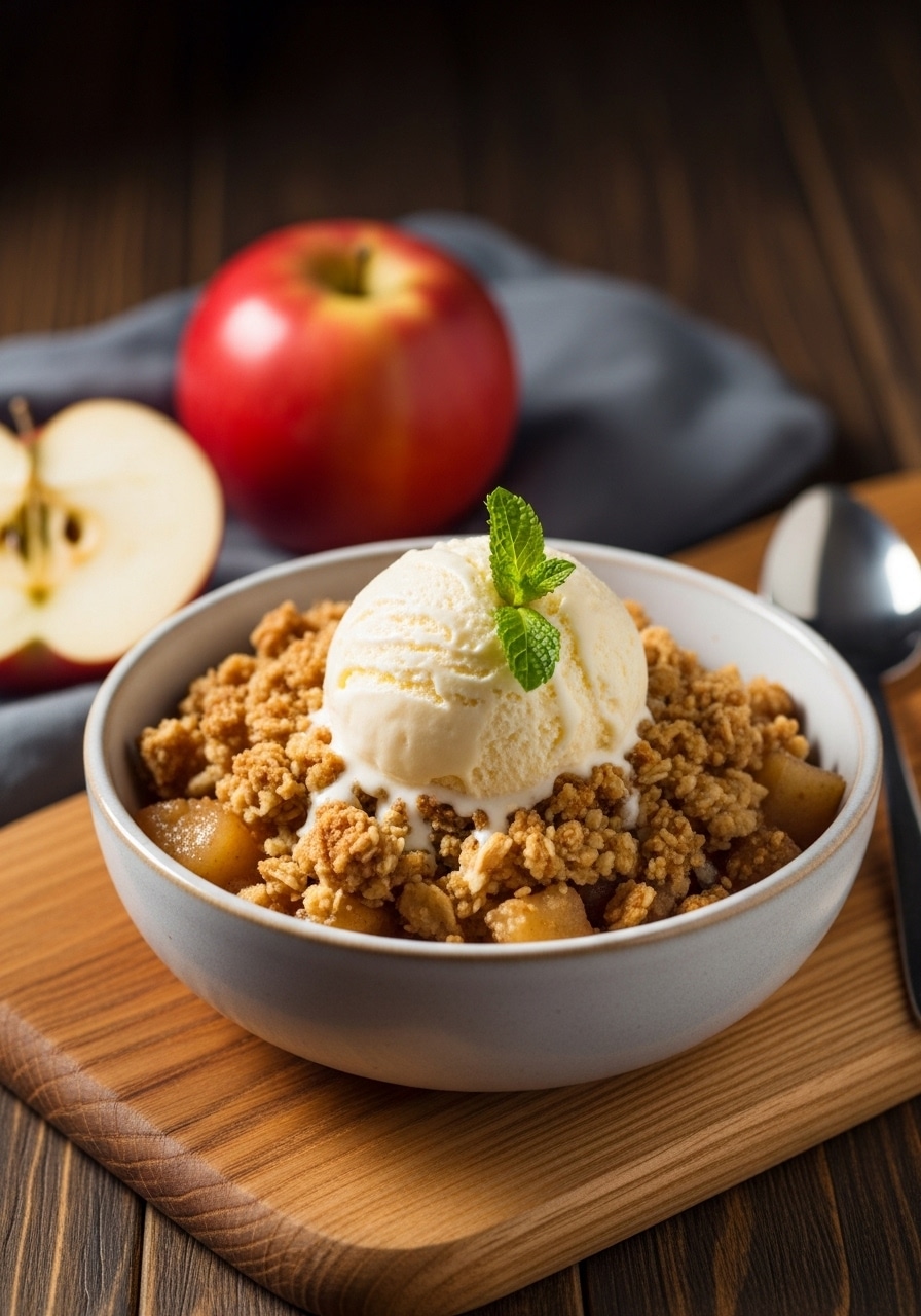 Warm Apple Crisp Recipe Easy Simple and a golden crumb topping, served with vanilla ice cream.