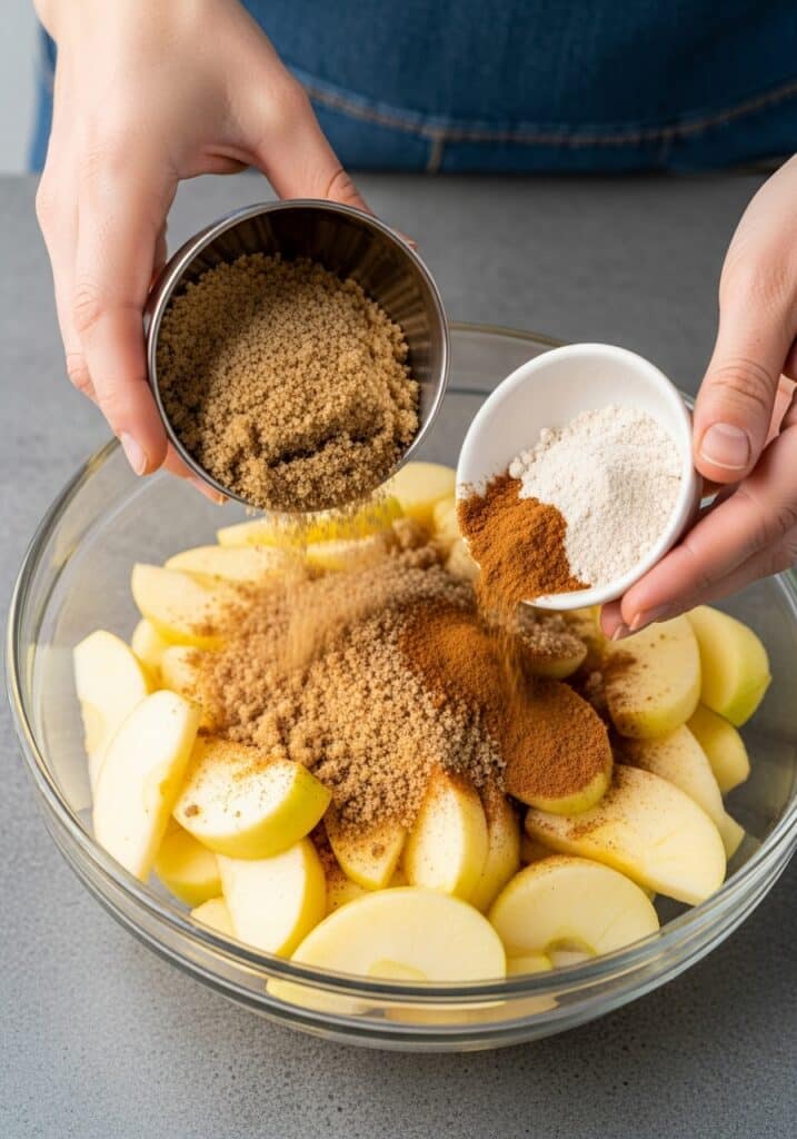Warm apple crisp with oats and a golden crumb topping, served with vanilla ice cream.