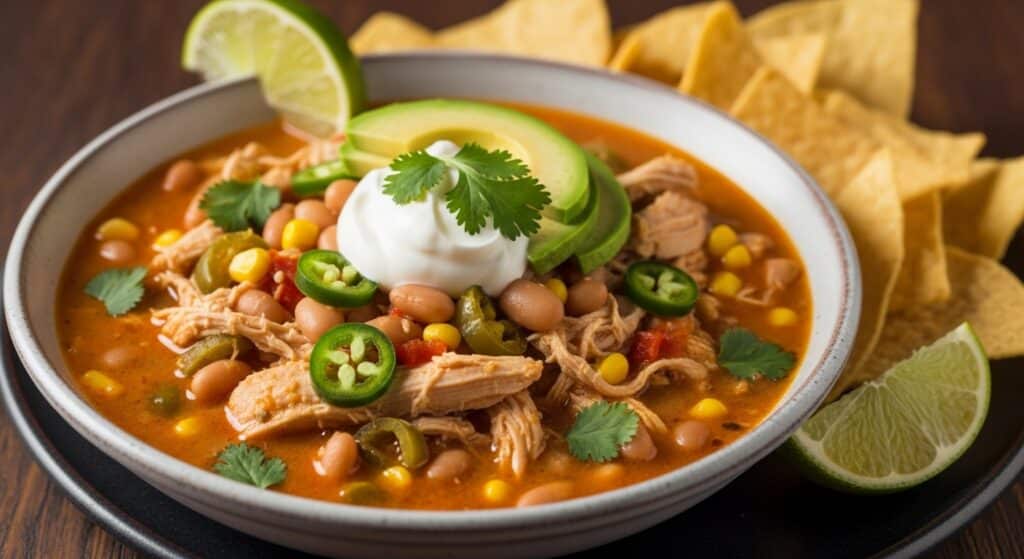 Creamy White Chili Chicken Recipe topped with cheese, avocado, and cilantro in a bowl.