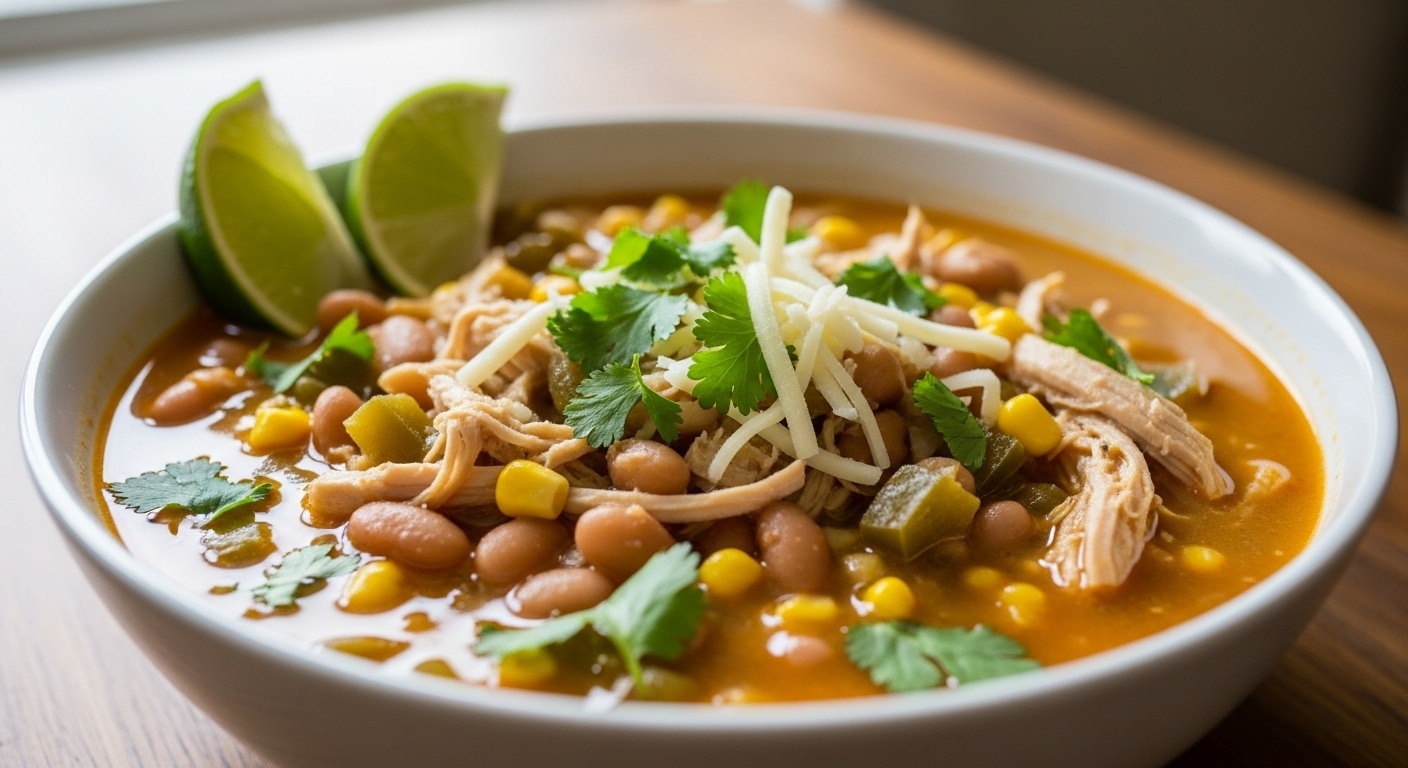 Creamy White Chili Chicken Recipe topped with cheese, avocado, and cilantro in a bowl.