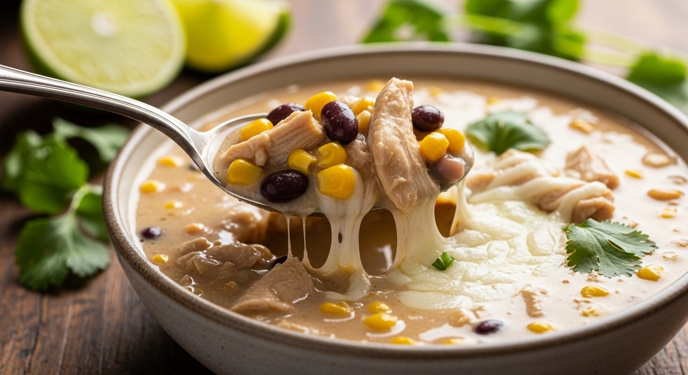 Bowl of creamy white chicken chili topped with cheese, avocado, and cilantro