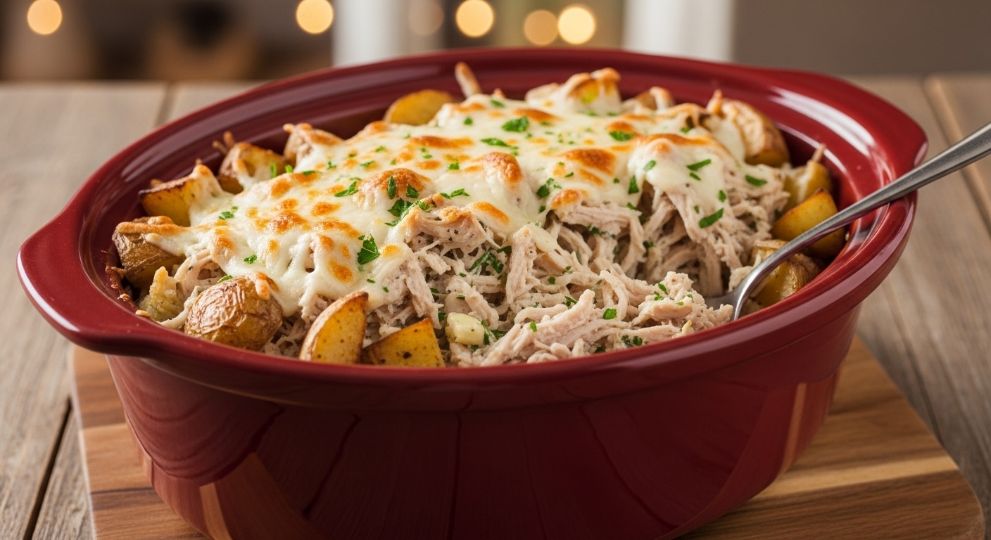 Creamy Crockpot Garlic Parmesan Chicken with Potatoes and Cheese in slow cooker.