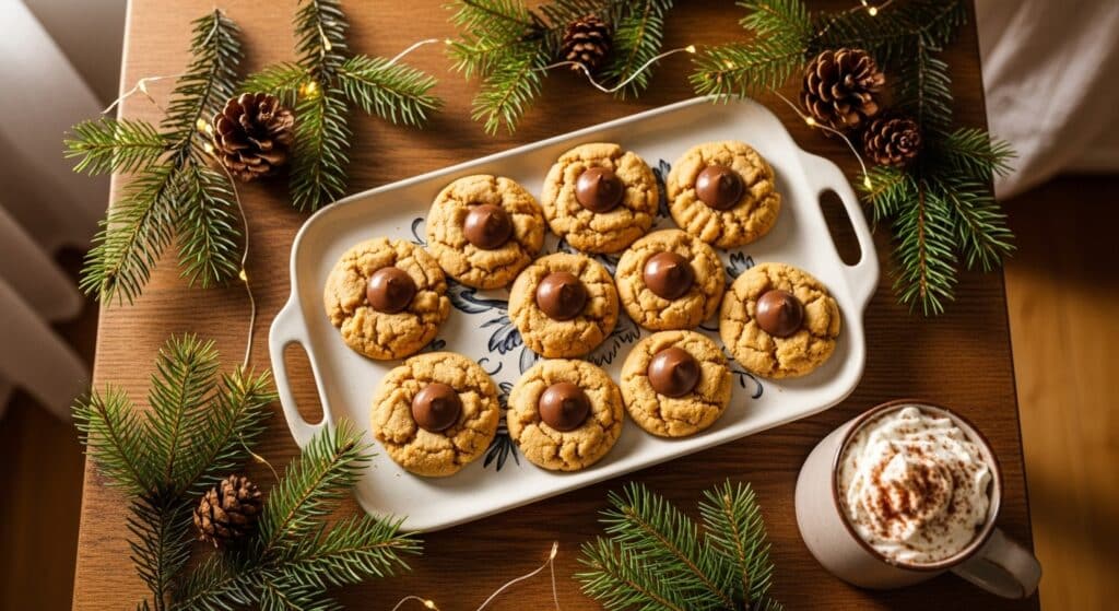 Soft and chewy Best Ever Soft and Chewy Peanut Butter Blossoms Recipe with Hershey Kisses cooling on a wire rack.